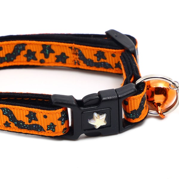 Halloween Cat Collar - Spooky Bats and Stars on Orange -Breakaway Safety - B55D137