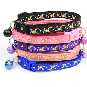 Moon Cat Collar Gold Moons and Stars on Coral Pink Breakaway Cat Collar Kitten or Large size Glow in the Dark B4D204 image 7