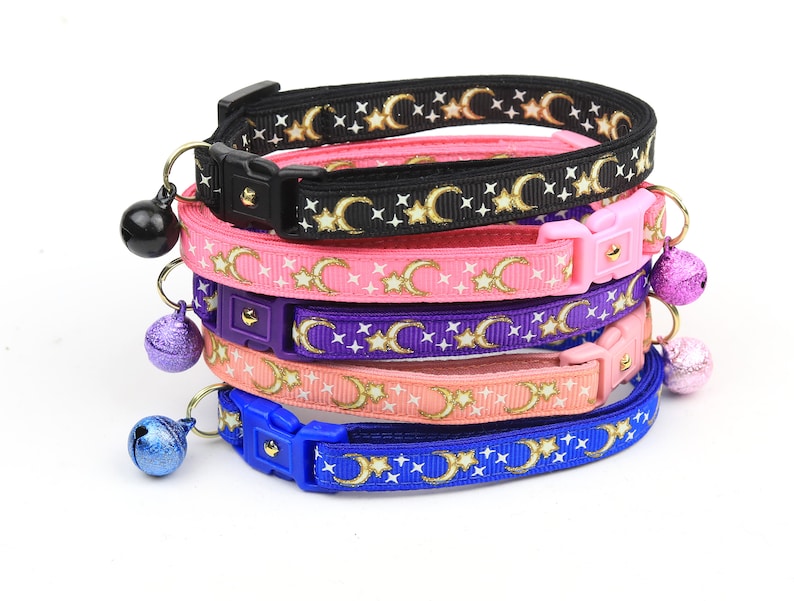 Moon Cat Collar Gold Moons and Stars on Coral Pink Breakaway Cat Collar Kitten or Large size Glow in the Dark B4D204 image 7