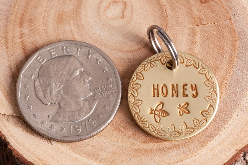 Tag next to a US half-dollar for scale. The tag is smaller that the half-dollar, about the size of a US quarter.