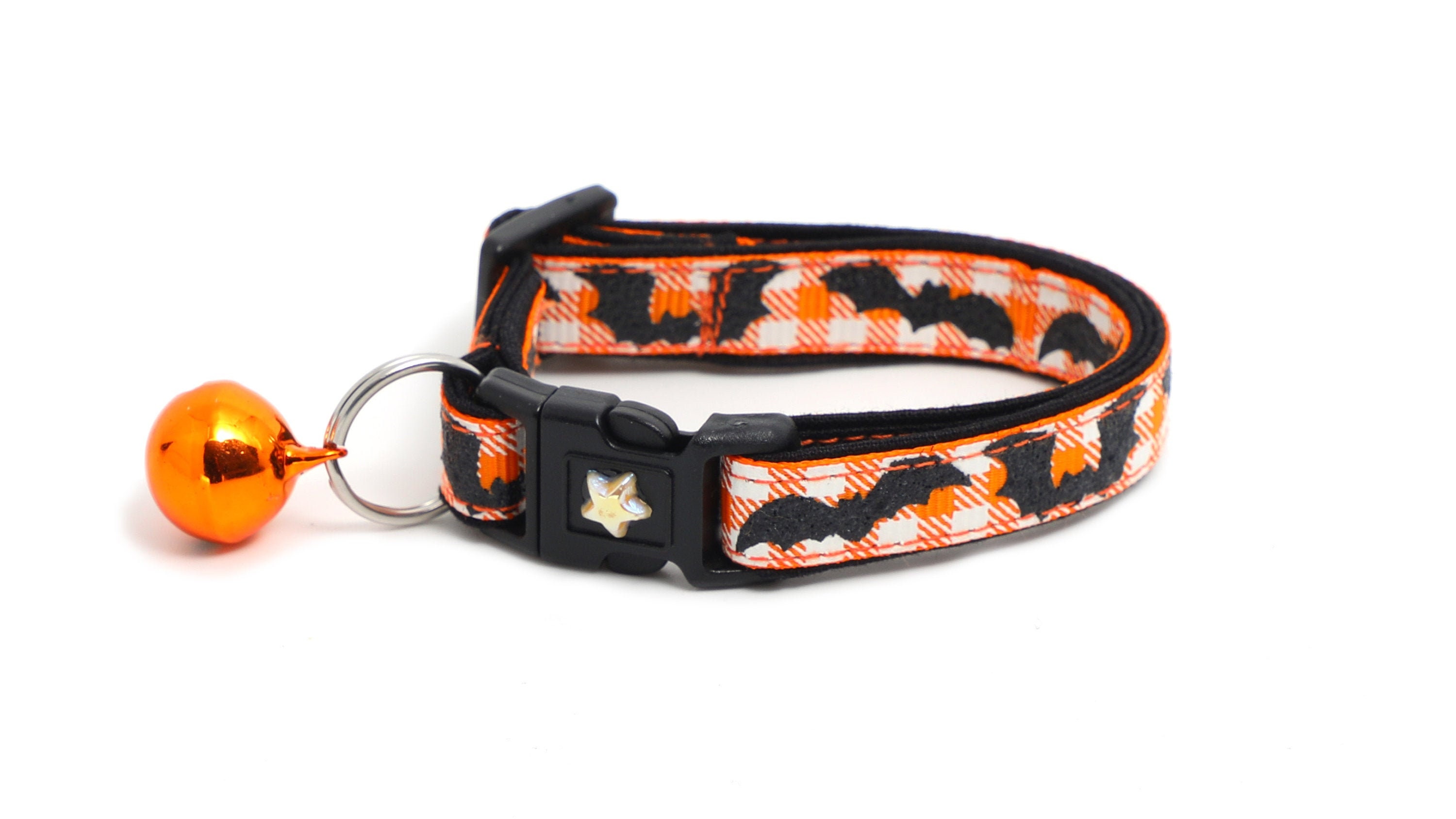 Halloween Cat Collar - Glitter Bats on Orange Plaid - Kitten or Large Size - Halloween Cat Collar B134D137