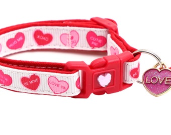 Valentines Day Cat Collar - Red Conversation Hearts - Breakaway Safety - B84D226