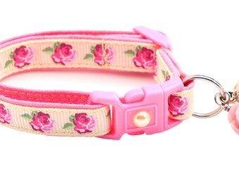 Floral Cat Collar - Pink Tea Party Roses on Cream - Breakaway Safety - B7D43