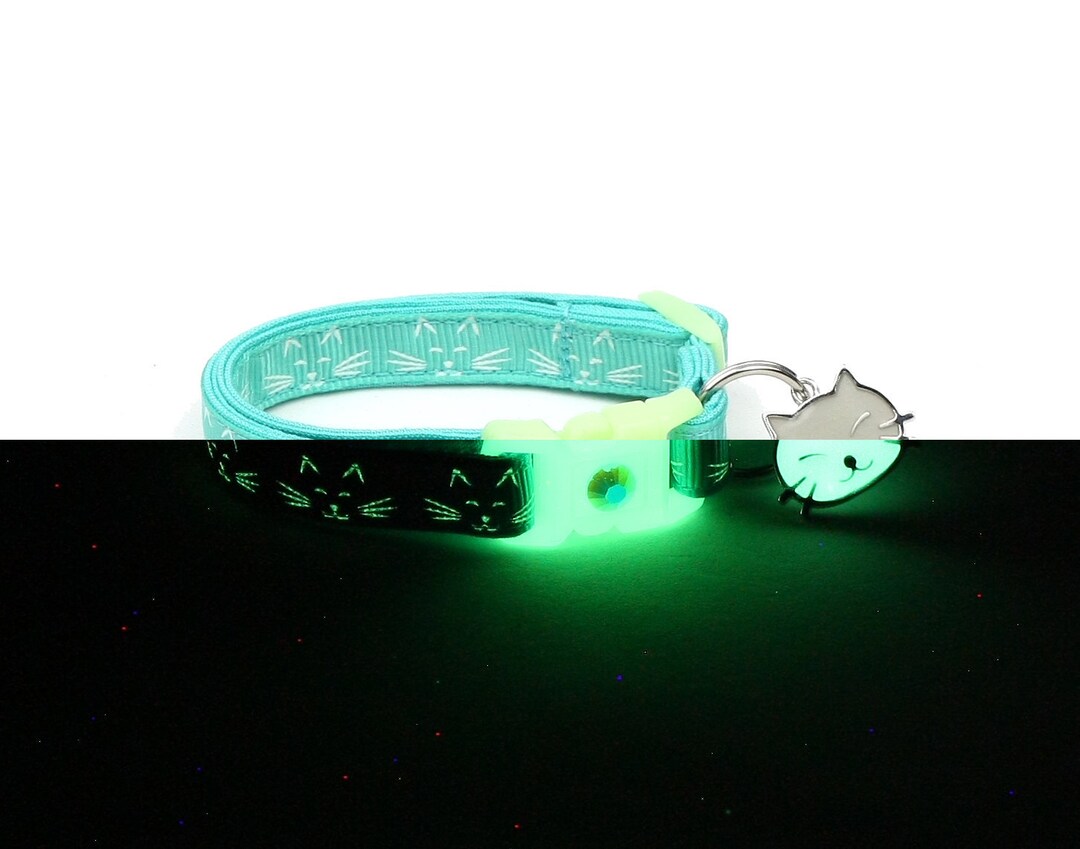 Glow in the Dark Cat Collar Glowing Cat Faces on Aqua Etsy Canada