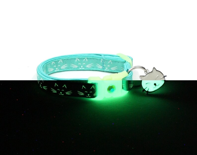 Glow in the Dark Cat Collar Glowing Cat Faces on Aqua Etsy