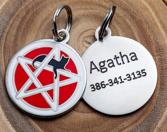 Engraved Wicca Cat ID Tag - Personalized Cat Pentagram ID Tag - Custom Wiccan Pet Name Tag -- Red