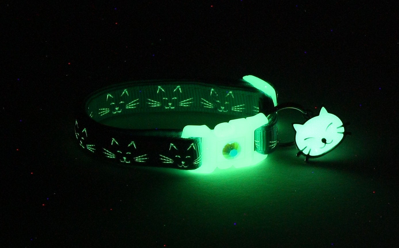 Glow in the Dark Cat Collar Glowing Cat Faces on Aqua Etsy UK