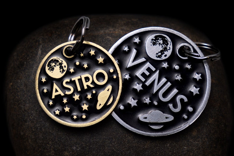 Engraved Celestial Pet ID Tag Personalized for your Cat or Dog 1 Silver or Gold Color Moon, Stars, and Space Name Tag image 1