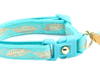 Feather Cat Collar - Metallic Gold Feathers on Turquoise - Breakaway Safety - B85D150