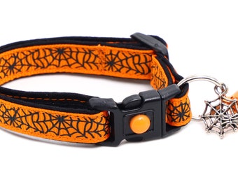 Collar para gato de Halloween - Telarañas negras sobre naranja - Seguridad separable - B15D68