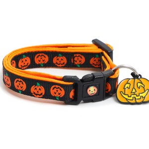 May include: Black and orange dog collar with a pumpkin pattern and a pumpkin-shaped charm. The charm has a jack-o'-lantern face.