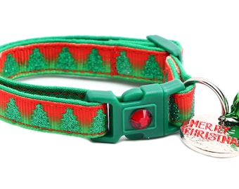 Christmas Cat Collar - Glittering Christmas Trees on Festive Ombre - Breakaway Safety - B1D78