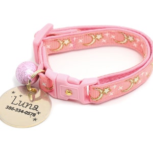 Moon Cat Collar Lunes dor et étoiles sur Corail Rose Collier de chat breakaway Chaton ou grande taille Glow in the Dark B4D204 Custom Charm & Bell