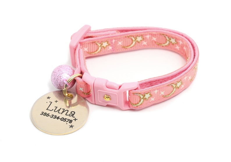 Moon Cat Collar Gold Moons and Stars on Coral Pink Breakaway Cat Collar Kitten or Large size Glow in the Dark B4D204 Custom Charm & Bell