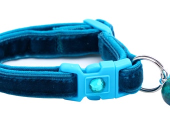 Soft Velvet Cat Collar - Dark Aqua - Kitten or Large Size - Breakaway - Safety B144D202