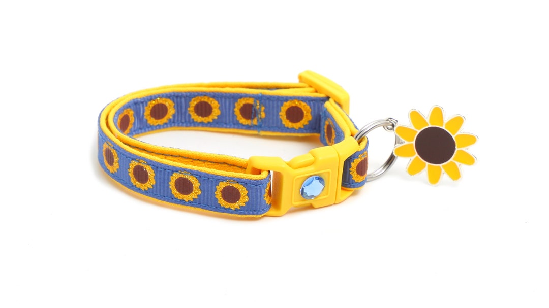 Sunflower Cat Collar Glittering Sunflowers on Denim Blue Breakaway