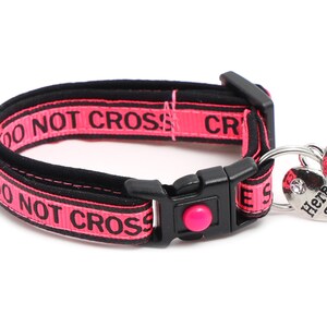 May include: Pink and black dog collar with the text "Do Not Cross" repeated on the collar. A silver heart-shaped tag is attached to the collar with the text "Here Comes Trouble".