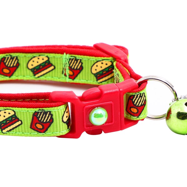 Cheeseburger Cat Collar - Burgers and Fries on Green- Breakaway Safety - B67D273
