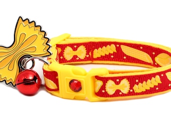 Noodle Katzenhalsband - Pasta auf Rot - Passende Plakette - Sicherheit - Breakaway - B53D207