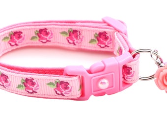 Floral Cat Collar - Pink Tea Party Roses on Light Pink - Breakaway Safety - B120D43