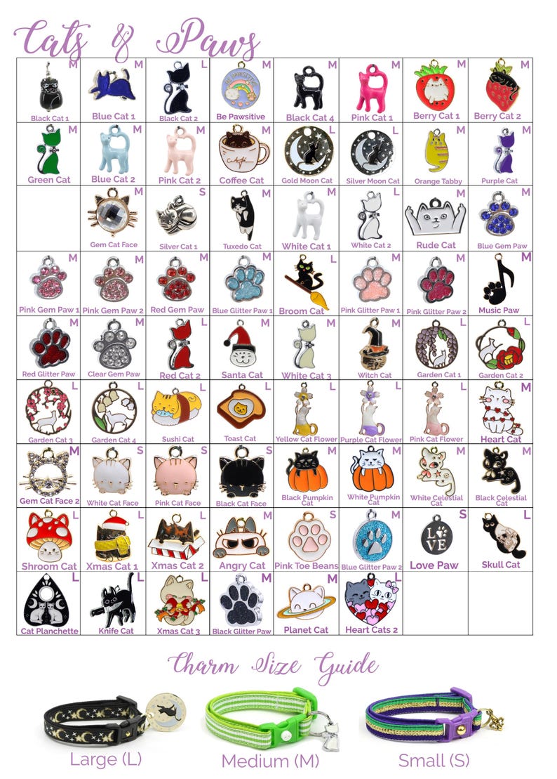 Puede incluir: Un gr&aacute;fico de dijes con tem&aacute;tica de gatos para collares de mascotas, con una gu&iacute;a de tallas para collares grandes, medianos y peque&ntilde;os. Los dijes est&aacute;n hechos de metal y presentan varios dise&ntilde;os, que incluyen gatos, patas, corazones y otras im&aacute;genes relacionadas con los gatos. Los dijes est&aacute;n disponibles en una variedad de colores, que incluyen rosa, azul, rojo, verde y negro.