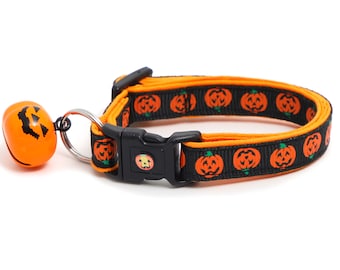 Halloween Cat Collar - Alternating Jack-O-Lanterns on Black -Small Cat / Kitten Size or Large(standard) Size Collar B7D183