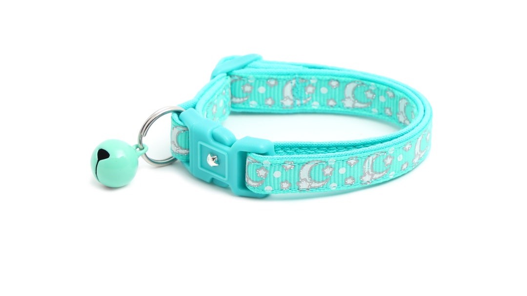 Moon Cat Collar Silver Moons and Stars on Aqua Breakaway Cat Collar