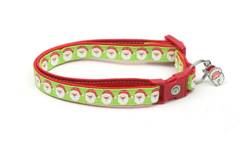 Christmas Cat Collar Jolly Santa Faces on Green Kitten or Large Size B116D48