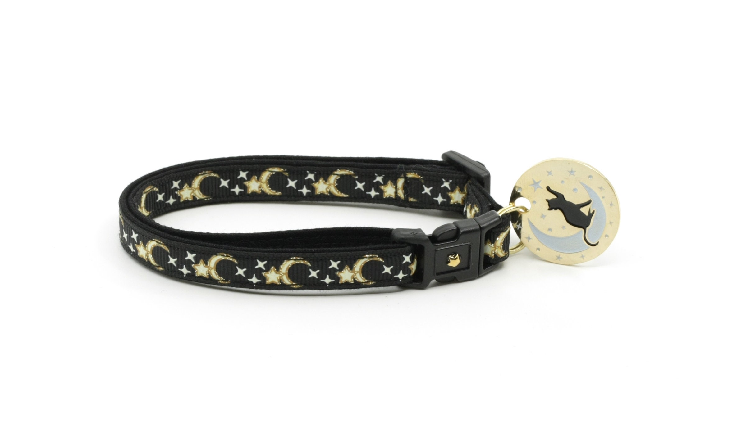 Moon Cat Collar Gold Moons and Stars on Black Breakaway Cat Collar