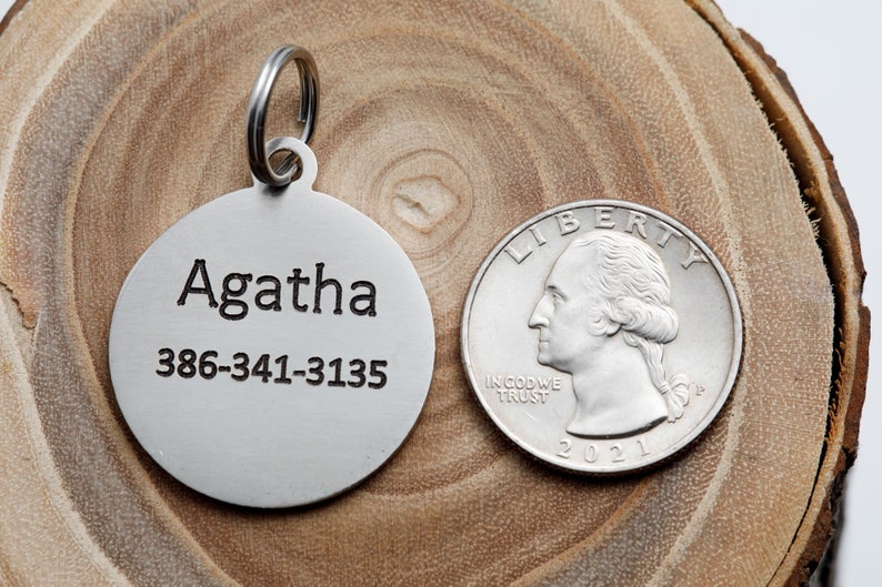May include: A silver dog tag with the name Agatha and phone number 386-341-3135 engraved on it. The tag is next to a US quarter for size comparison.