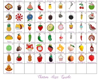 May include: A selection of food-themed charms, featuring fruits, vegetables, and snacks, presented on a white backdrop. The charms are in diverse shapes and colours, with a size guide at the bottom. The words "Food Charms" are at the top.
