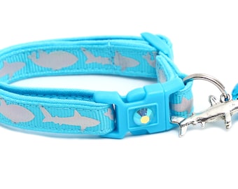 Shark Cat Collar - Silver Sharks on Tropical Blue - Breakaway Safety - B61D161