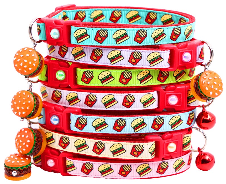 Cheeseburger Cat Collar Burgers and Fries on White Breakaway Safety B23D273 image 9