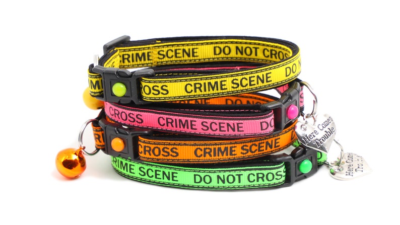 May include: A stack of four colorful cat collars with a black buckle and a bell. The collars are yellow, pink, orange, and green. The collars have the text "Crime Scene Do Not Cross" printed on them. The collars are also decorated with a silver charm that says "Here Comes Trouble".