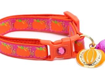 Pumpkin Cat Collar - Pumpkins and Gold on Pink - Breakaway Safety - B26D53