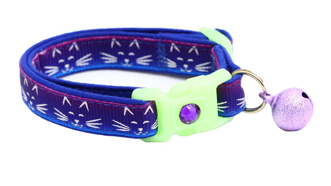 Glow in the Dark Cat Collar Glowing Cat Faces on Purple and Blue