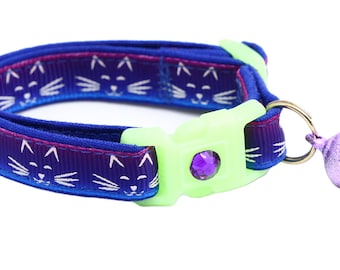 Glow in the Dark Cat Collar - Glowing Cat Faces on Purple and Blue - Breakaway Safety - B71D285