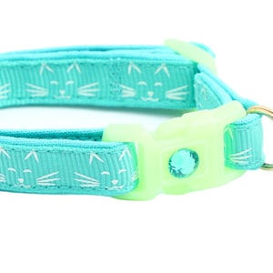 Glow in the Dark Cat Collar - Glowing Cat Faces on Aqua - Breakaway Safety - B42D285