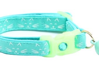 Glow in the Dark Cat Collar - Glowing Cat Faces on Aqua - Breakaway Safety - B42D285