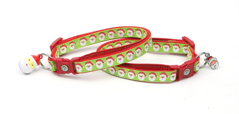 Christmas Cat Collar Jolly Santa Faces on Green Kitten or Large Size B116D48