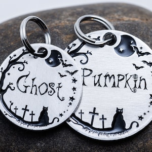 Spooky Cat ID Tag - Personalized with Your Pet&#39;s Name and Deep Engraved - Halloween Pet Tag
