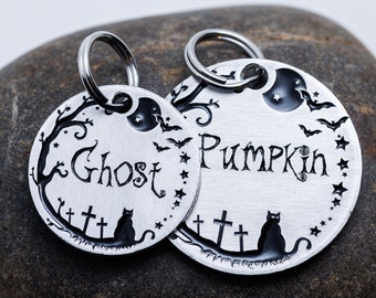 Spooky Cat ID Tag - Personalized with Your Pet's Name and Deep Engraved - Halloween Pet Tag