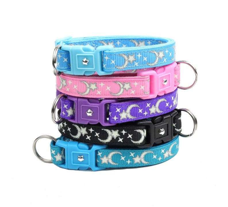 Moon Cat Collar Silver Moons and Stars on Pink Breakaway Etsy UK