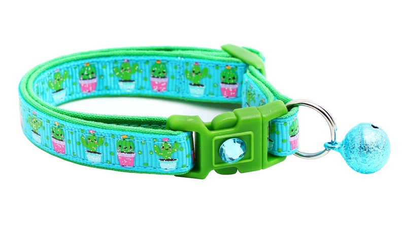 Cactus Cat Collar Cute but Prickly on Blue Breakaway Safety B28D126 Jingle Bell