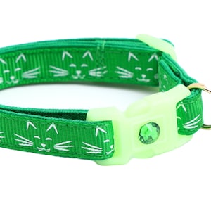 Glow in the Dark Cat Collar - Glowing Cat Faces on Green - Breakaway Safety - B27D285