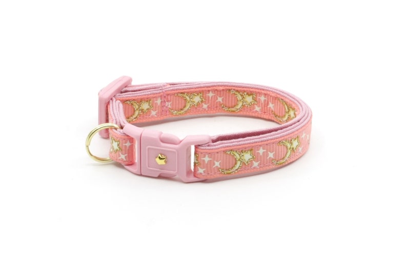 Moon Cat Collar Gold Moons and Stars on Coral Pink Breakaway Cat Collar Kitten or Large size Glow in the Dark B4D204 None