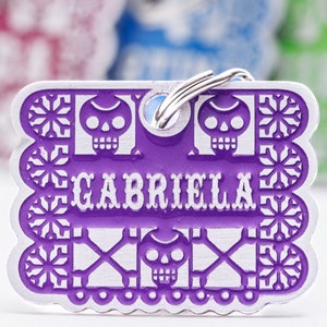 Gegraveerde Mexicaanse Papel Picado Style Pet ID Tag - Gepersonaliseerde Mexicaanse Paper Banner Style Cat of Dog ID tag