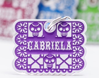Engraved Mexican Papel Picado Style Pet ID Tag - Personalized Mexican Paper Banner Style Cat or Dog ID tag