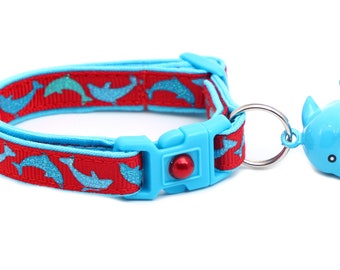 Dolphin Cat Collar - Jumping Dolphins on Red - Small Cat / Kitten Size or Large Size B11D210