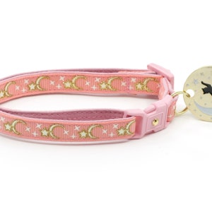 Moon Cat Collar Gold Moons and Stars on Coral Pink Breakaway Cat Collar Kitten or Large size Glow in the Dark B4D204 image 4